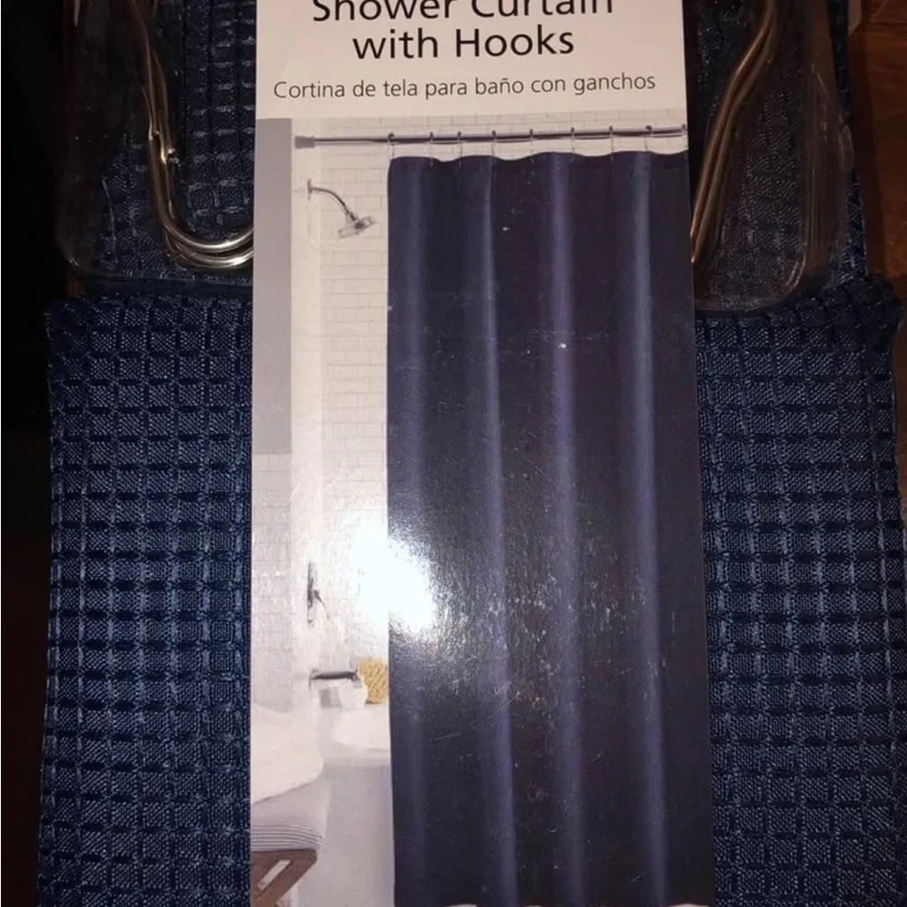Navy Blue Shower Curtain with Hooks